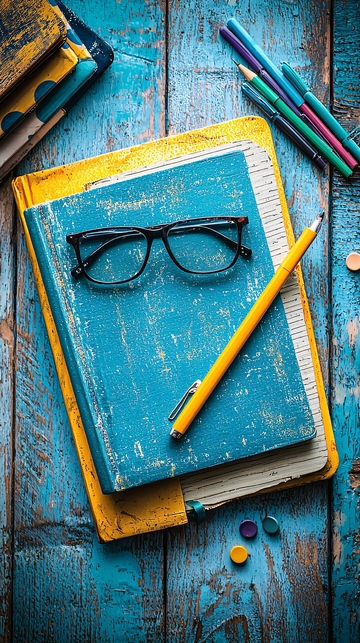 书本上的眼镜和笔