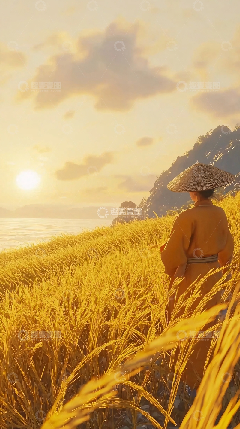 高清大图下载【趣麦麦图】日落金黄麦田远眺