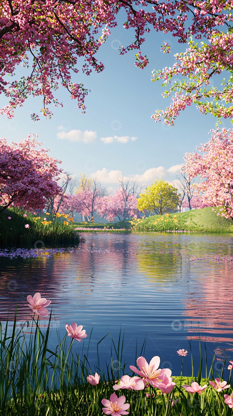 高清大图下载【趣麦麦图】春日樱花湖泊景色