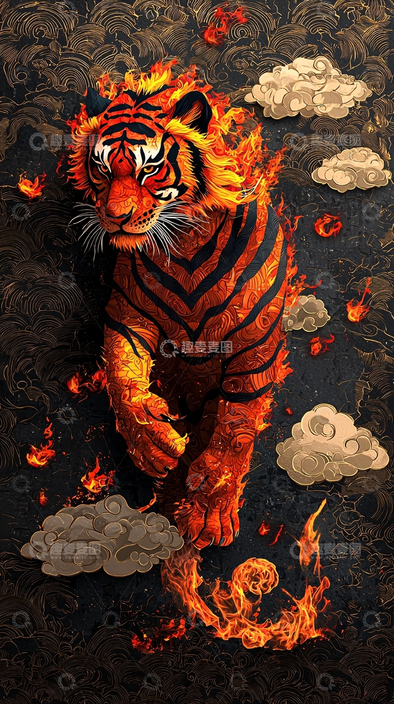 高清大图下载【趣麦麦图】火焰环绕的老虎