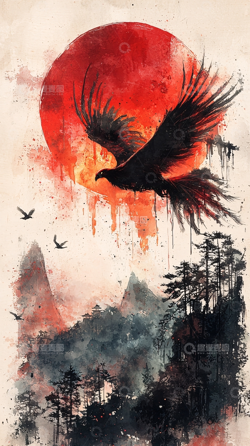 高清大图下载【趣麦麦图】水墨风老鹰红日山水