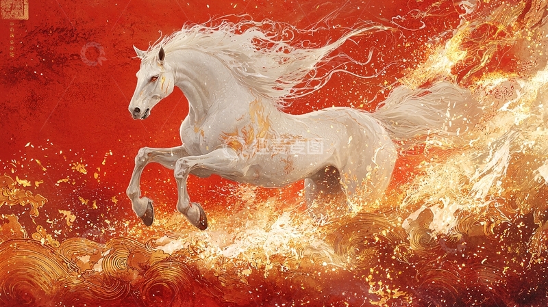 高清大图下载【趣麦麦图】奔腾在火焰中的白马
