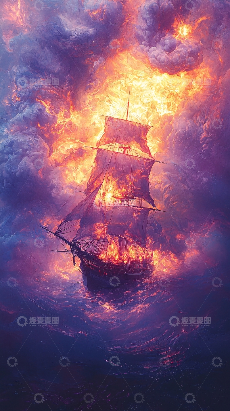 高清大图下载【趣麦麦图】燃烧的帆船在风暴中航行