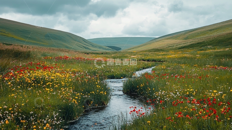 高清大图下载【趣麦麦图】山谷溪流野花盛开