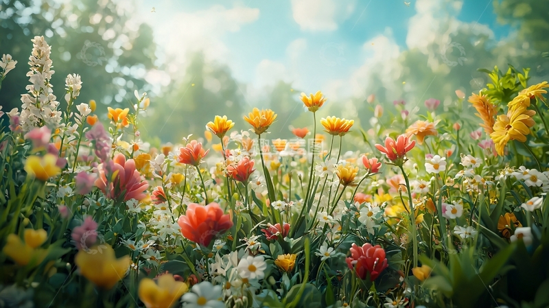 高清大图下载【趣麦麦图】阳光下五彩缤纷的花田