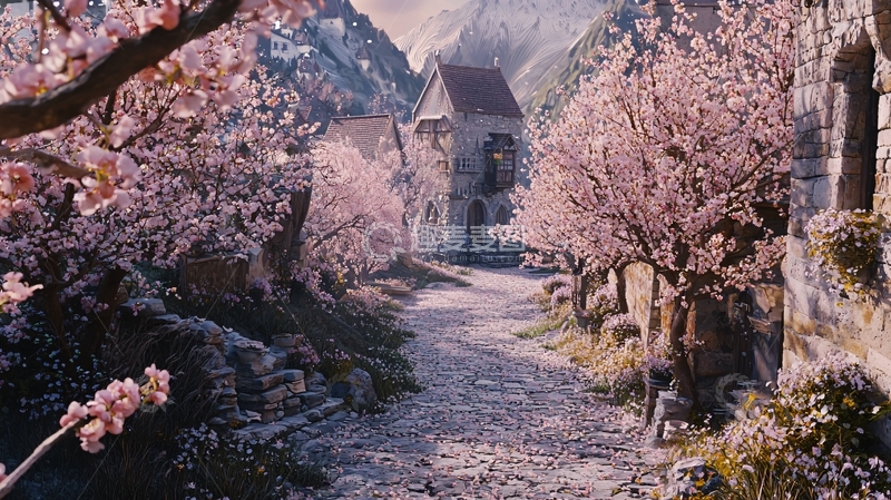 高清大图下载【趣麦麦图】粉色杏花村庄小路