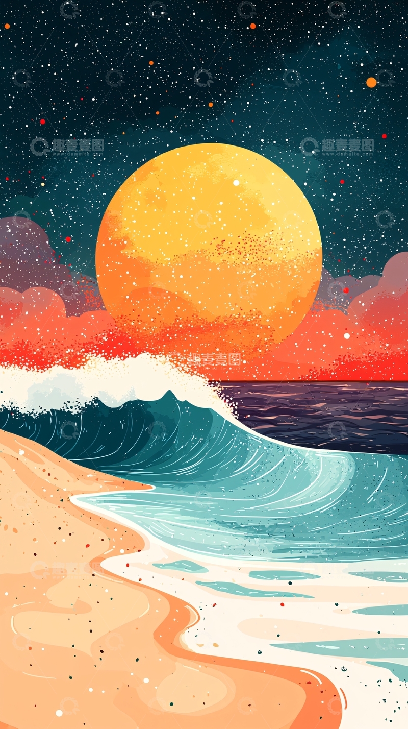 高清大图下载【趣麦麦图】月亮海浪沙滩的梦幻场景