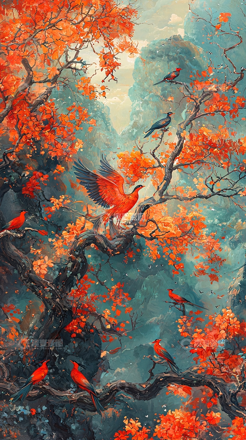 高清大图下载【趣麦麦图】秋日红叶树林飞鸟