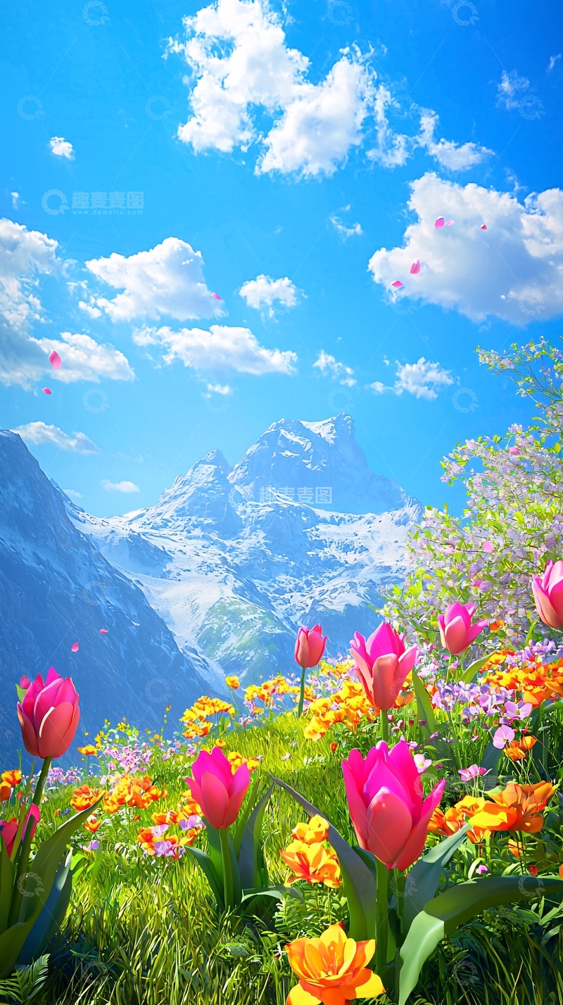 高清大图下载【趣麦麦图】春天花海雪山