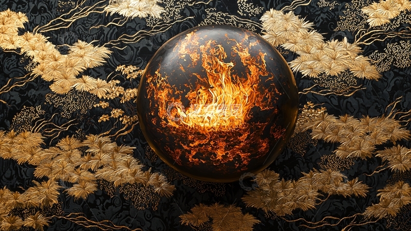高清大图下载【趣麦麦图】燃烧的火焰球体在金色花纹背景上