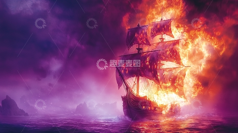 高清大图下载【趣麦麦图】燃烧的帆船在紫色海面上