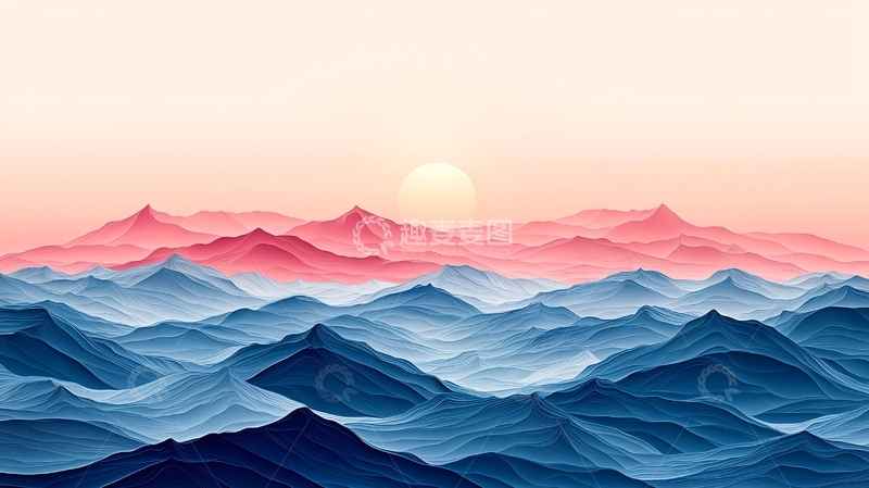 高清大图下载【趣麦麦图】水彩风格的日出山景