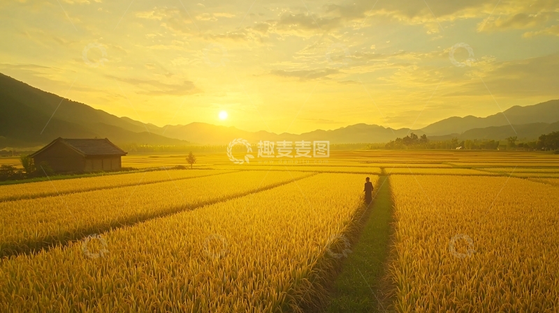 高清大图下载【趣麦麦图】金色稻田日落