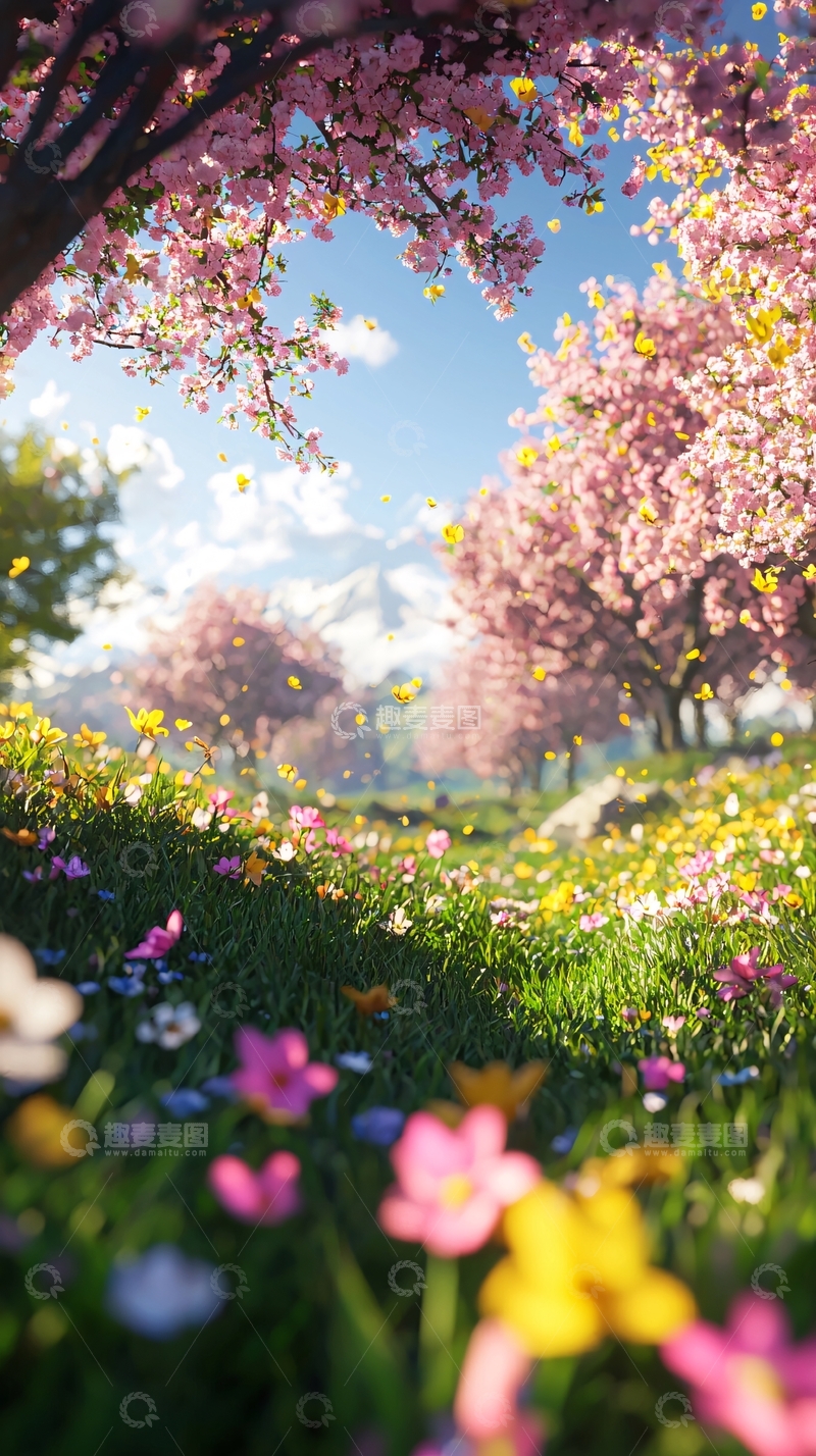 高清大图下载【趣麦麦图】春日樱花烂漫花田