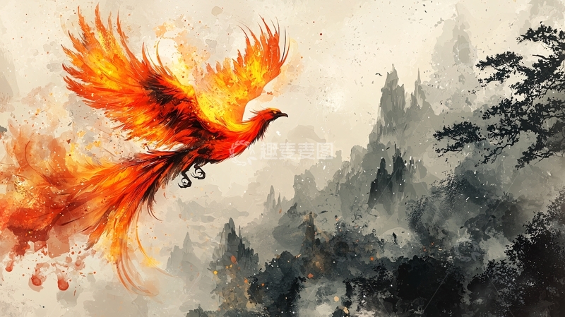 高清大图下载【趣麦麦图】火焰凤凰飞过山水