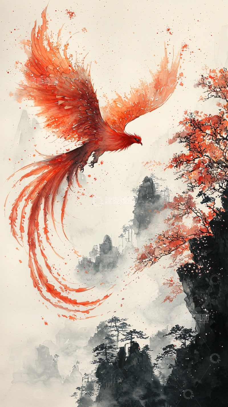 高清大图下载【趣麦麦图】水墨风红色凤凰飞舞山间