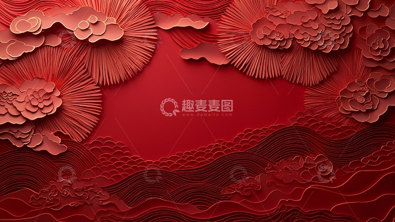 高清大图下载【趣麦麦图】红色云纹纸艺背景