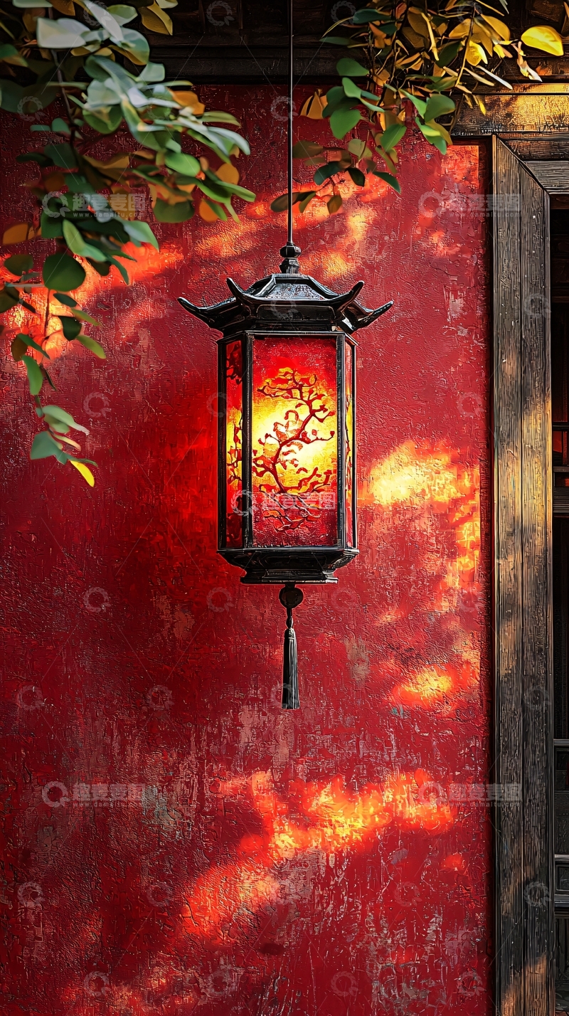 高清大图下载【趣麦麦图】红色墙壁上的中式灯笼