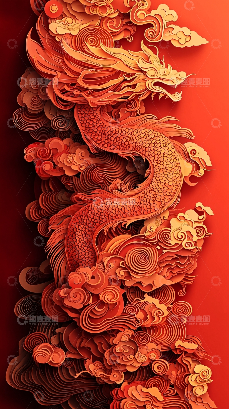 高清大图下载【趣麦麦图】红色背景上的金色龙