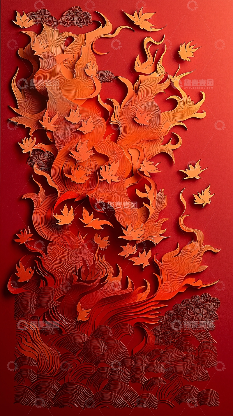 高清大图下载【趣麦麦图】红色背景的火焰枫叶剪纸