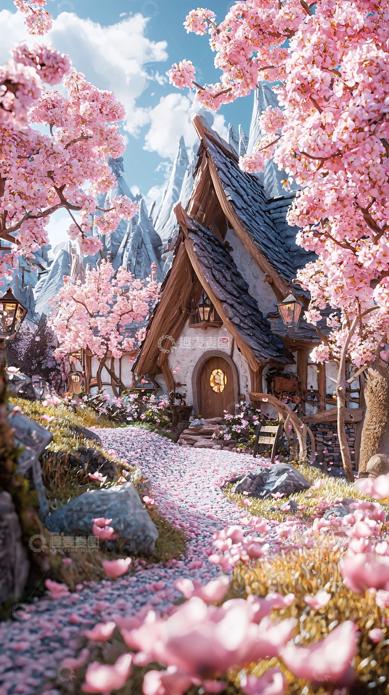 高清大图下载【趣麦麦图】樱花树下的童话小屋