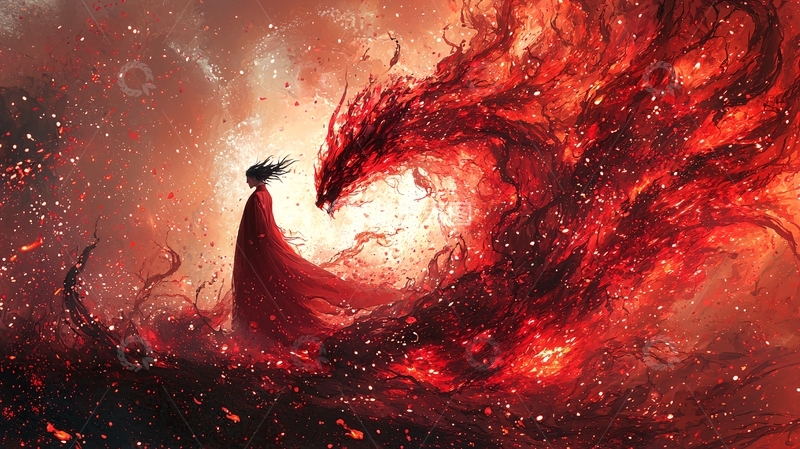 高清大图下载【趣麦麦图】红衣女子与火焰巨龙对视