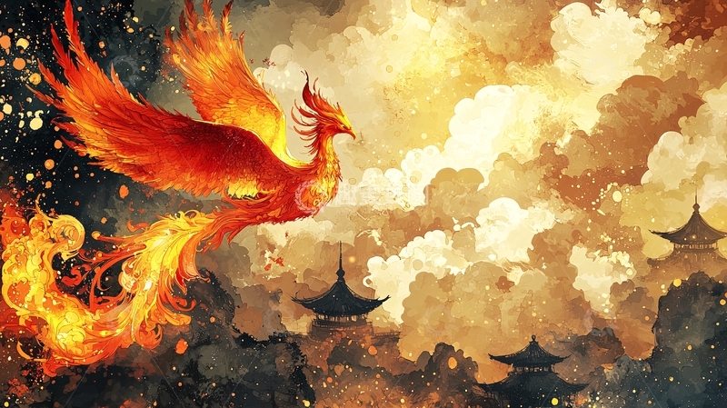 高清大图下载【趣麦麦图】火焰凤凰飞翔于古老建筑之上