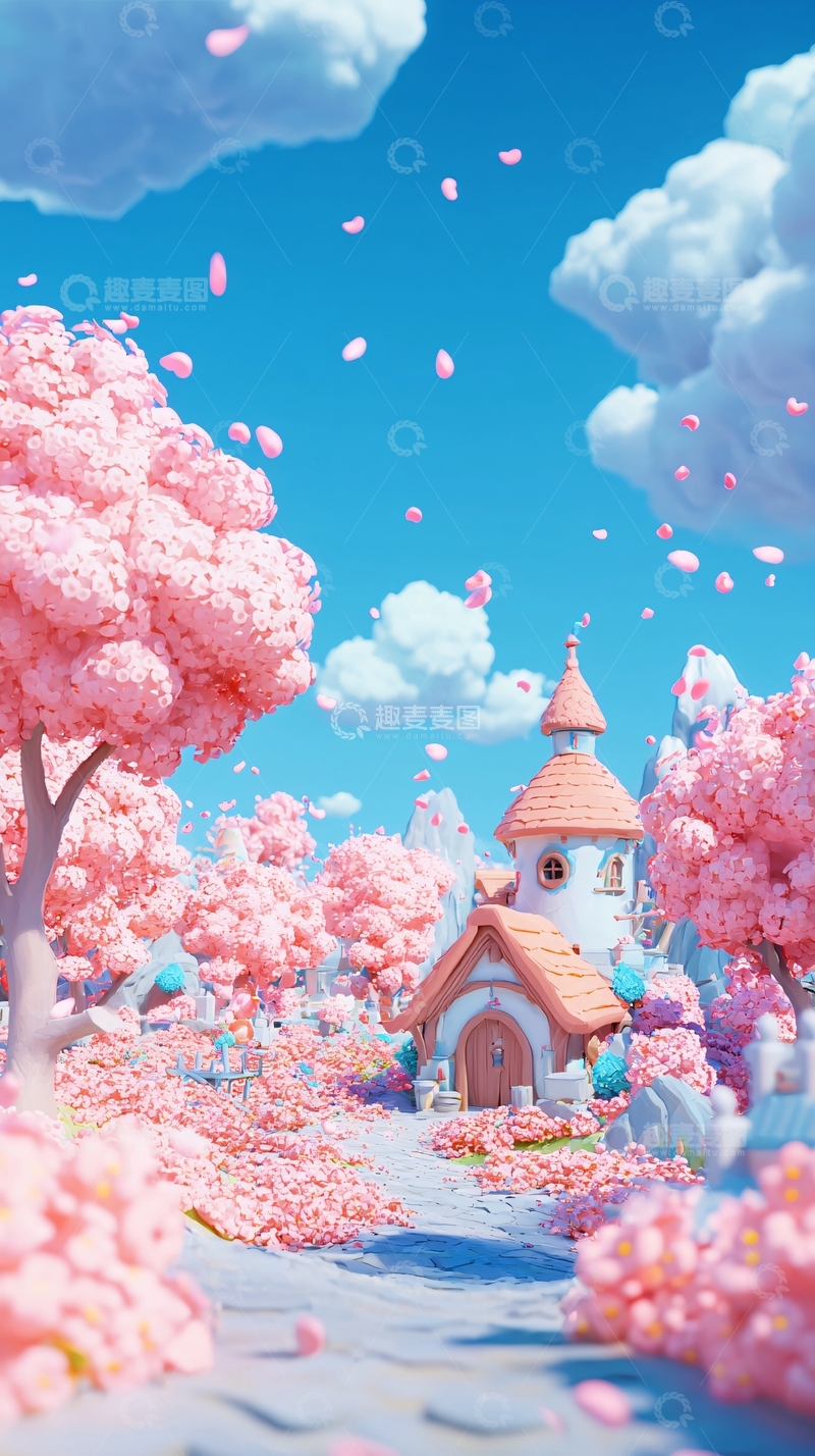 高清大图下载【趣麦麦图】粉色樱花树下的童话小镇