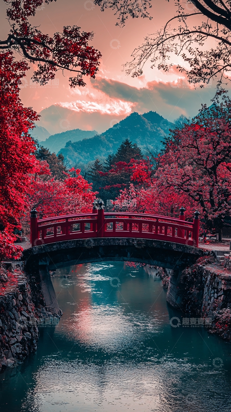 高清大图下载【趣麦麦图】红桥流水山景图