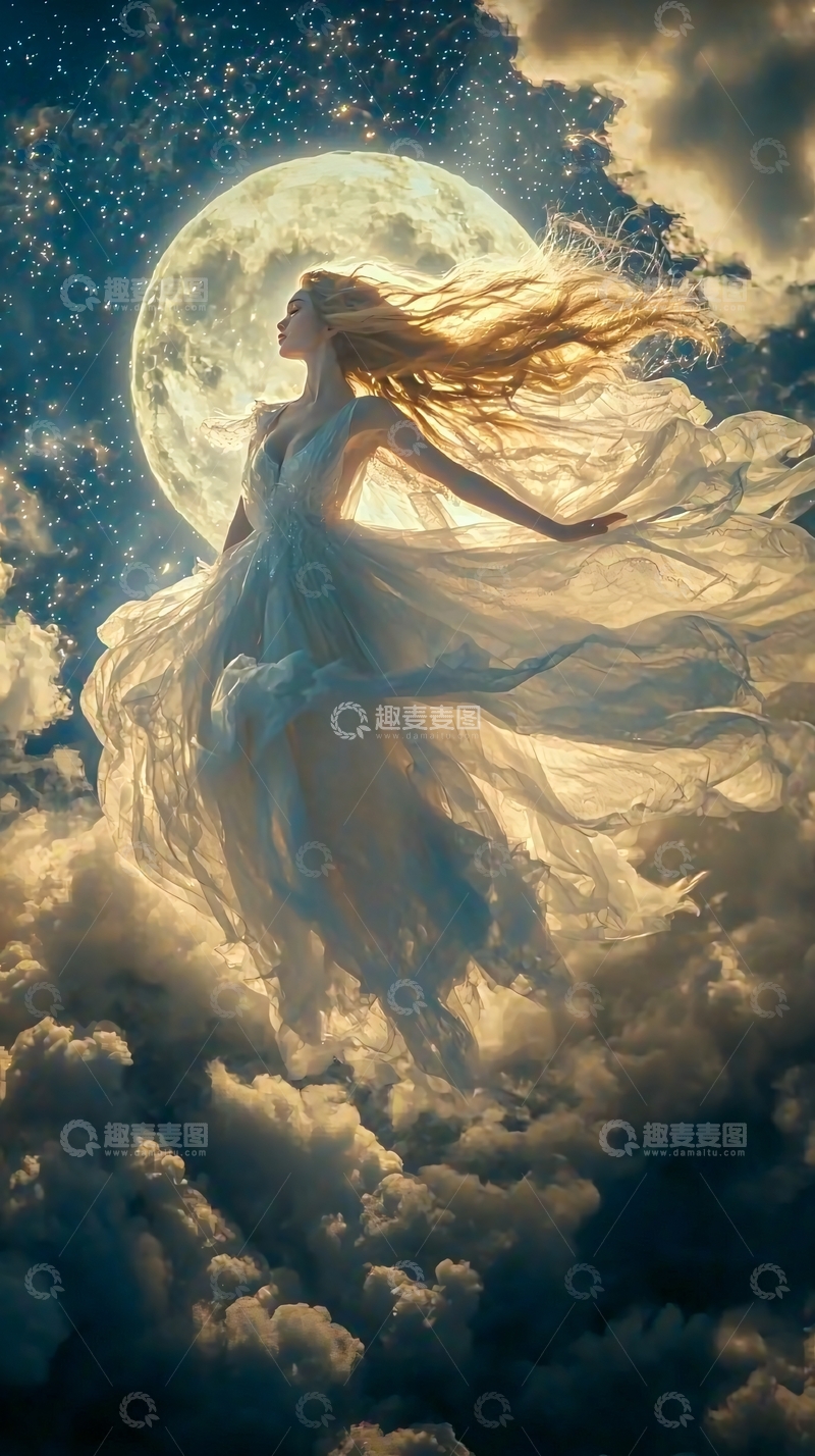 高清大图下载【趣麦麦图】月光下飘逸长发女子