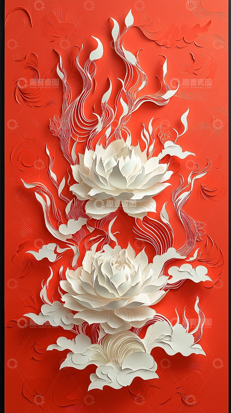 高清大图下载【趣麦麦图】红色背景上的白色莲花