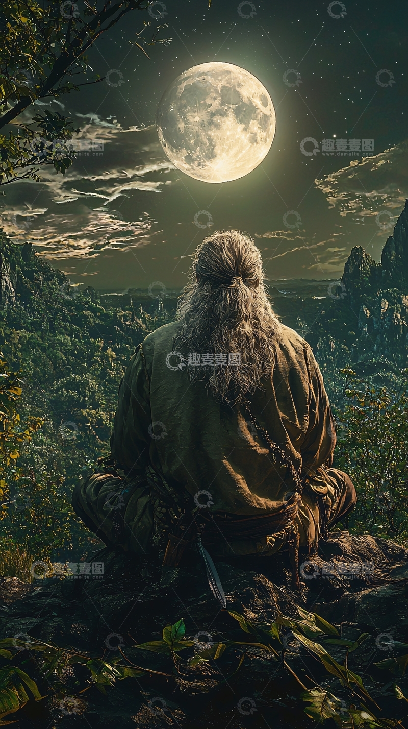 高清大图下载【趣麦麦图】月夜静坐山顶老者