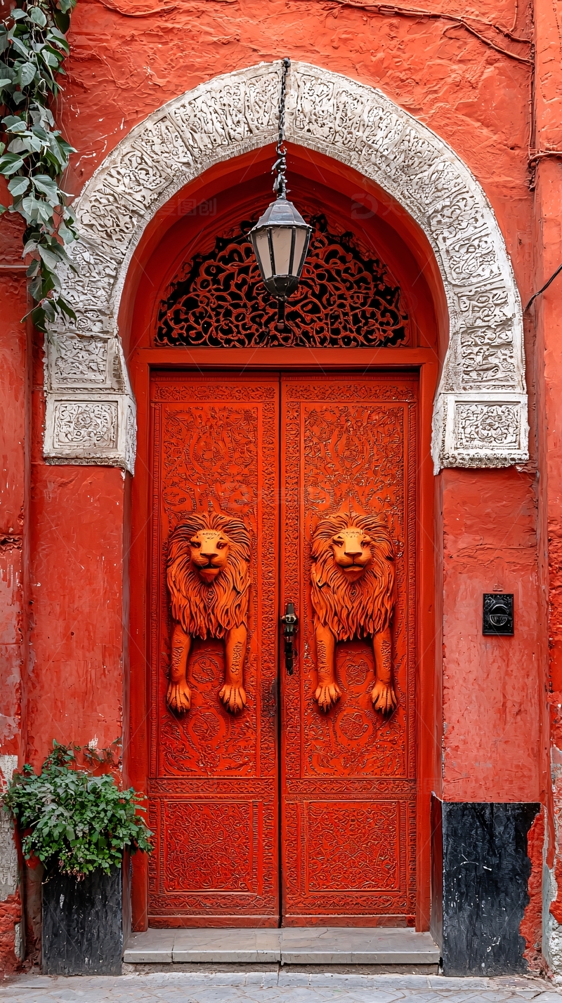 红色狮子头雕塑大门