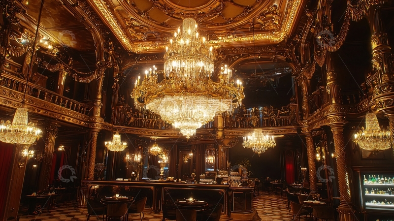 高清大图下载【趣麦麦图】奢华金色水晶吊灯酒吧