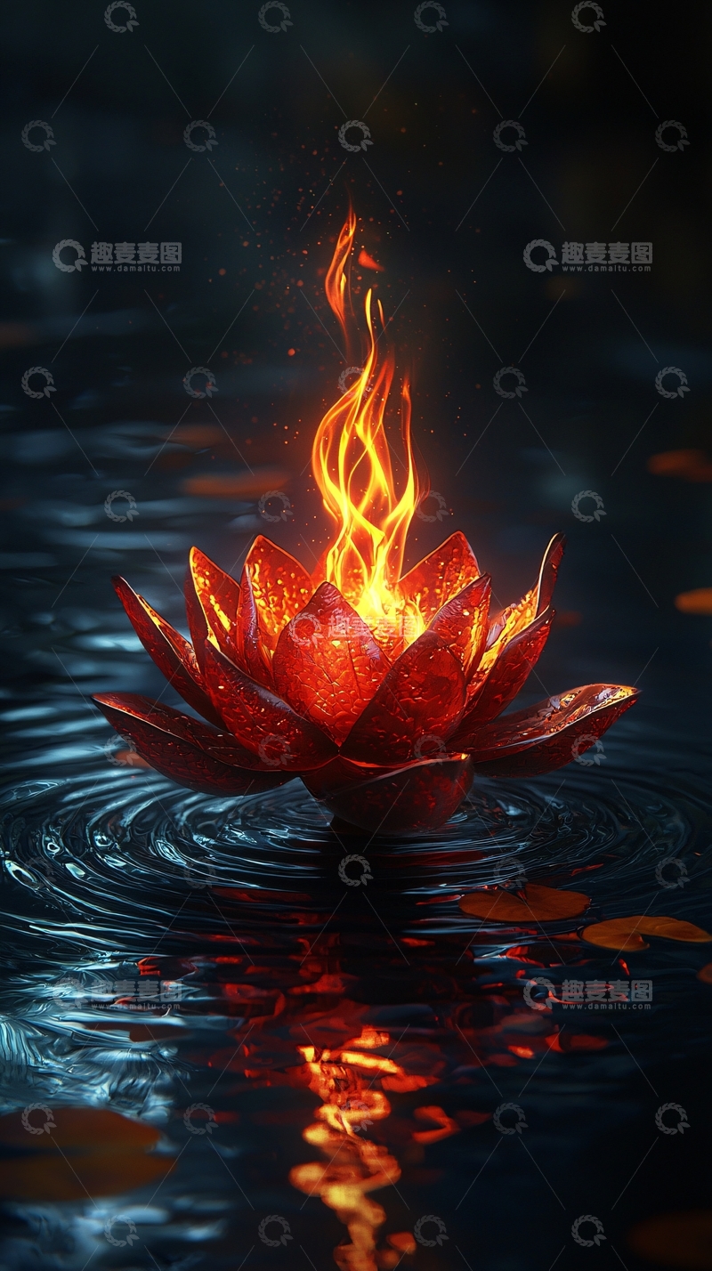 高清大图下载【趣麦麦图】火焰莲花池塘夜景