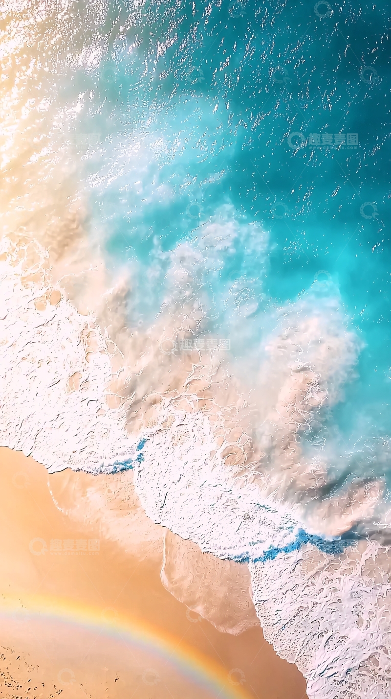 高清大图下载【趣麦麦图】海滩上彩虹与海浪