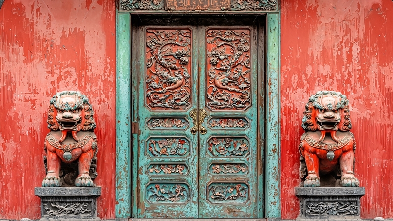 中国风大门与石狮子