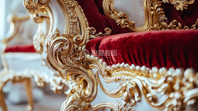 高清大图下载【趣麦麦图】奢华金色雕花红绒布座椅