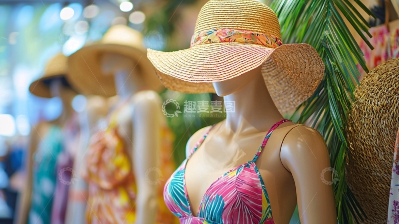 高清大图下载【趣麦麦图】模特戴草帽泳衣