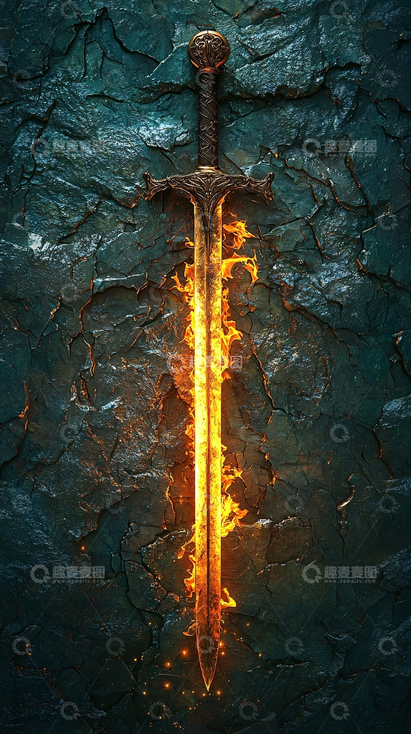 高清大图下载【趣麦麦图】燃烧的剑置于石面上