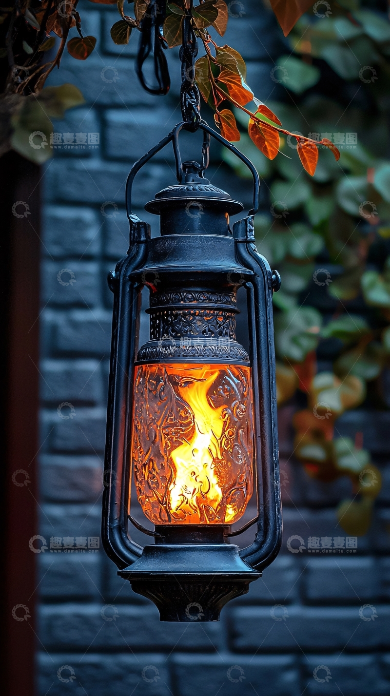 高清大图下载【趣麦麦图】复古煤油灯挂在砖墙前