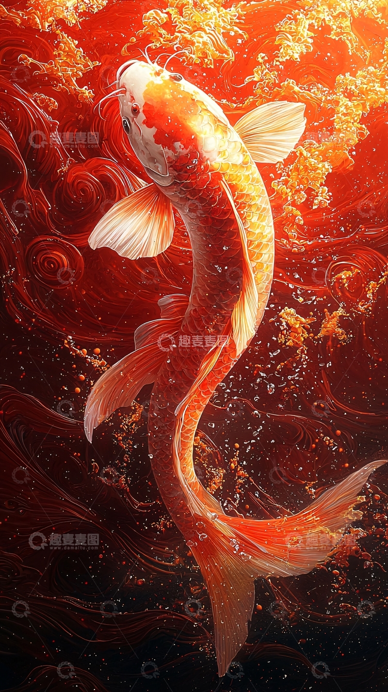 高清大图下载【趣麦麦图】红色背景下的锦鲤