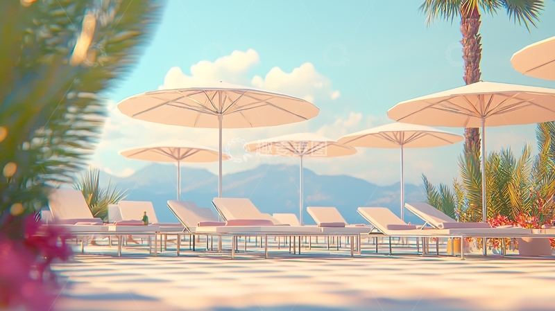 高清大图下载【趣麦麦图】海边度假村休闲椅遮阳伞