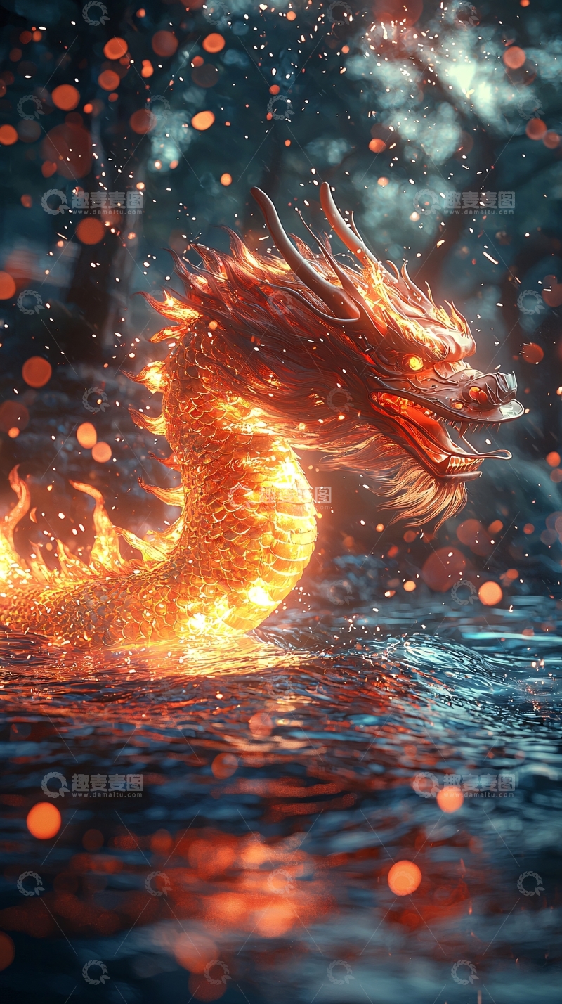 高清大图下载【趣麦麦图】火焰龙在水面上