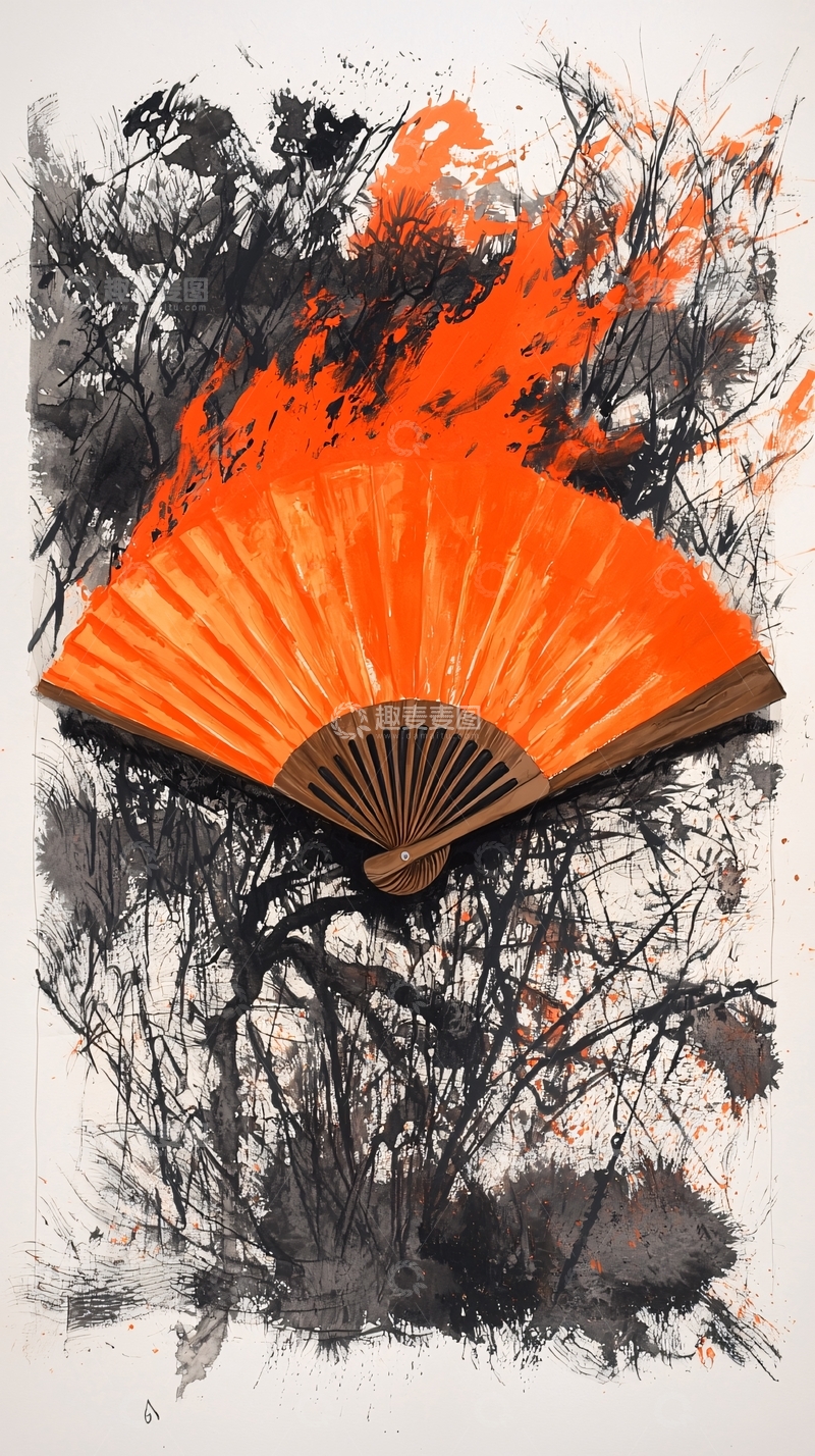 高清大图下载【趣麦麦图】橙色折扇水墨背景