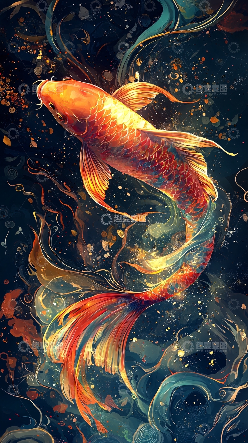 高清大图下载【趣麦麦图】金色锦鲤水中游动