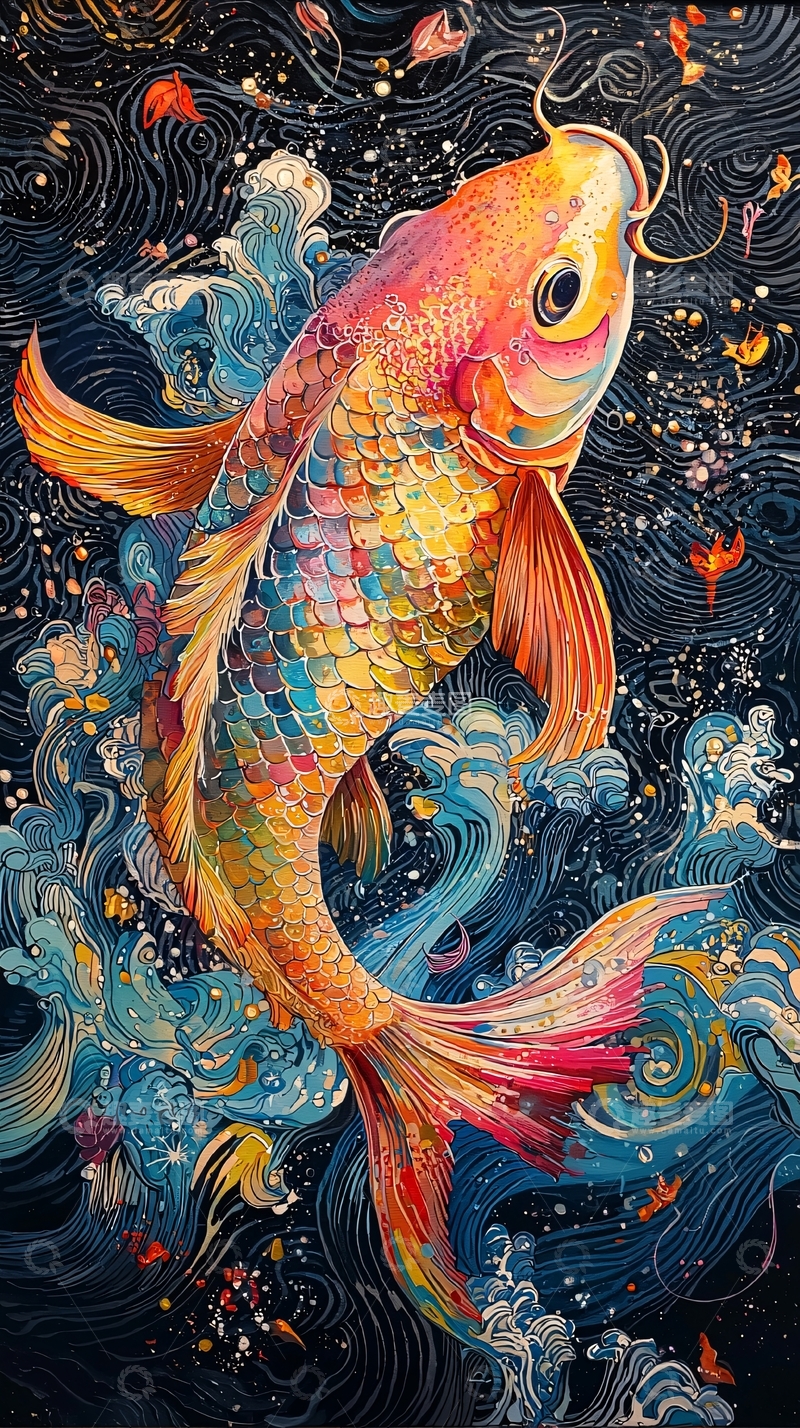 高清大图下载【趣麦麦图】金色锦鲤在蓝色波涛中