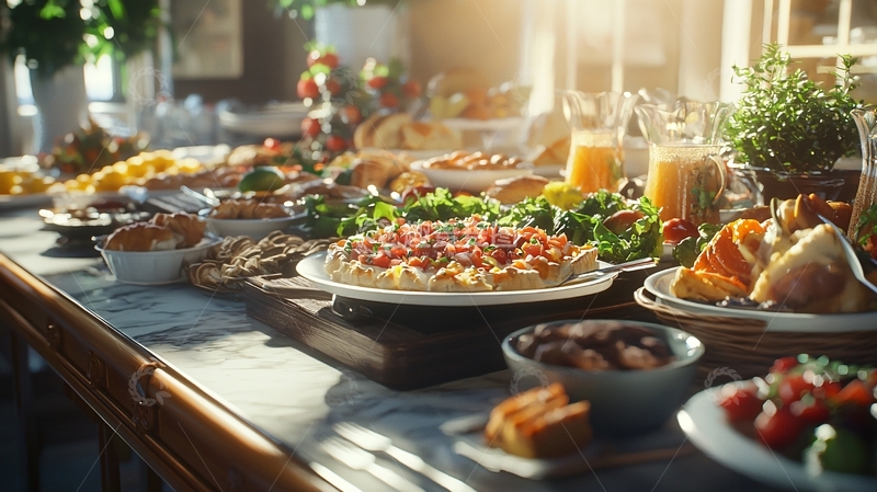 高清大图下载【趣麦麦图】阳光洒在丰盛的早餐桌上