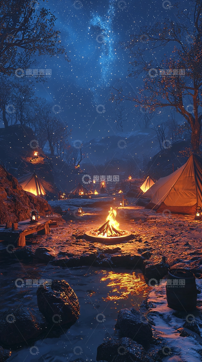 高清大图下载【趣麦麦图】冬夜营地篝火晚景