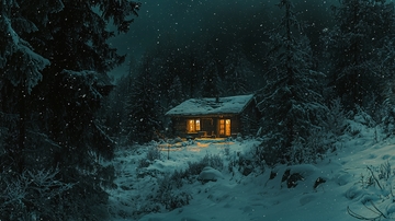 冬季雪夜森林小屋